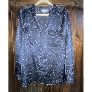 CALVIN KLEIN Long Sleeve Button Down RollTab Polka Dot Blouse Navy / White Sz M